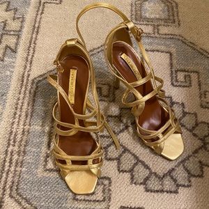 BCBG gold ankle wrap heels